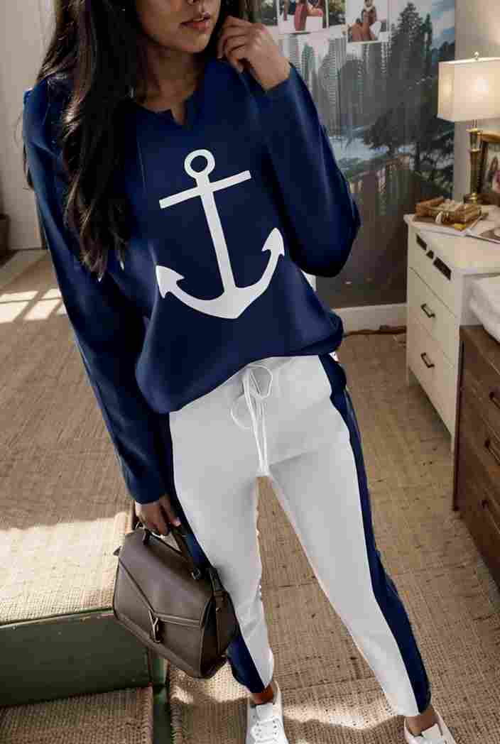 anchor print v neck long sleeve t shirt trousers two piece suit 132991