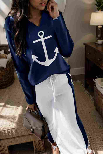 anchor print v neck long sleeve t shirt trousers two piece suit 137098