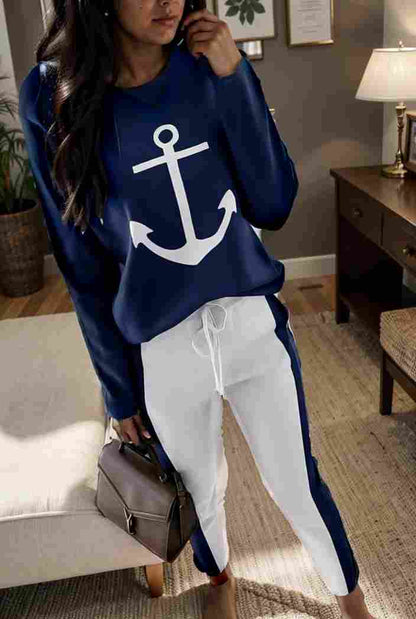 anchor print v neck long sleeve t shirt trousers two piece suit 103946