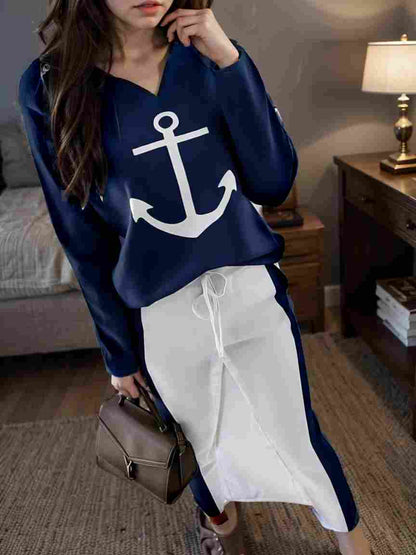 anchor print v neck long sleeve t shirt trousers two piece suit 138692