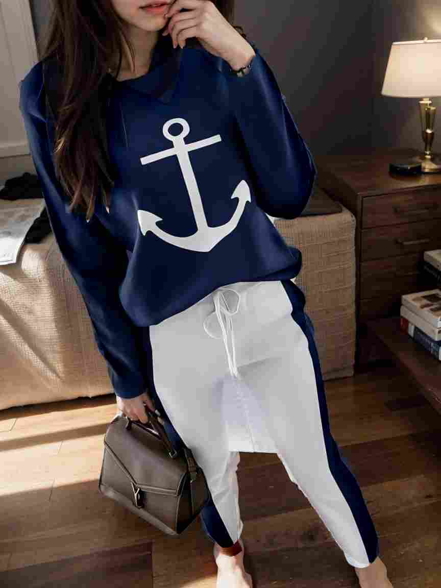 anchor print v neck long sleeve t shirt trousers two piece suit 103503