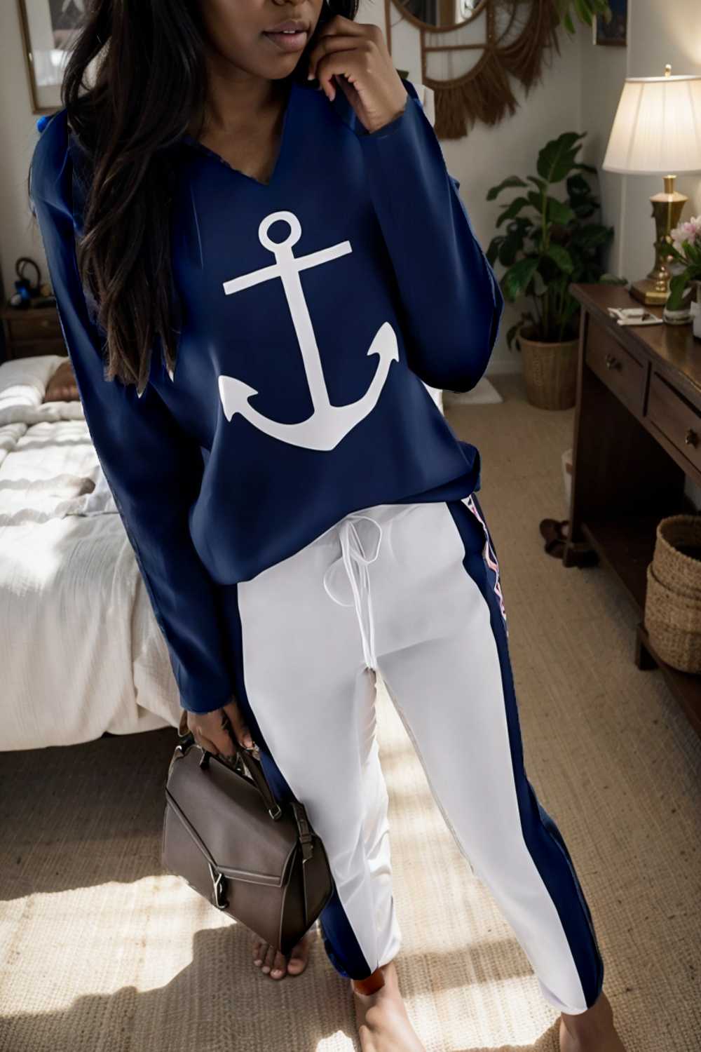 anchor print v neck long sleeve t shirt trousers two piece suit 107511