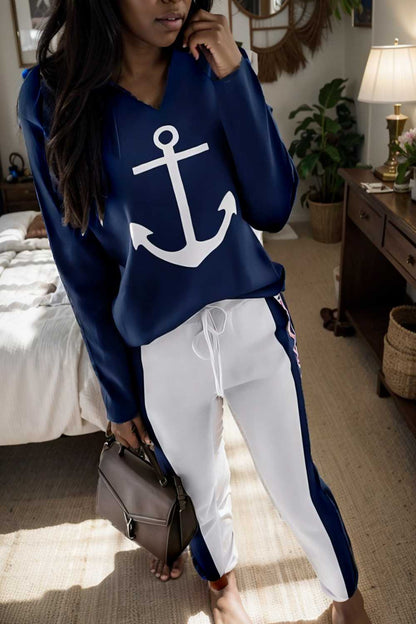 anchor print v neck long sleeve t shirt trousers two piece suit 107511