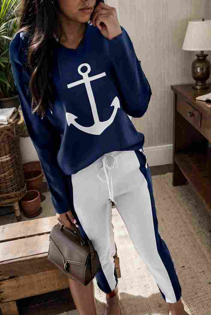 anchor print v neck long sleeve t shirt trousers two piece suit 107186