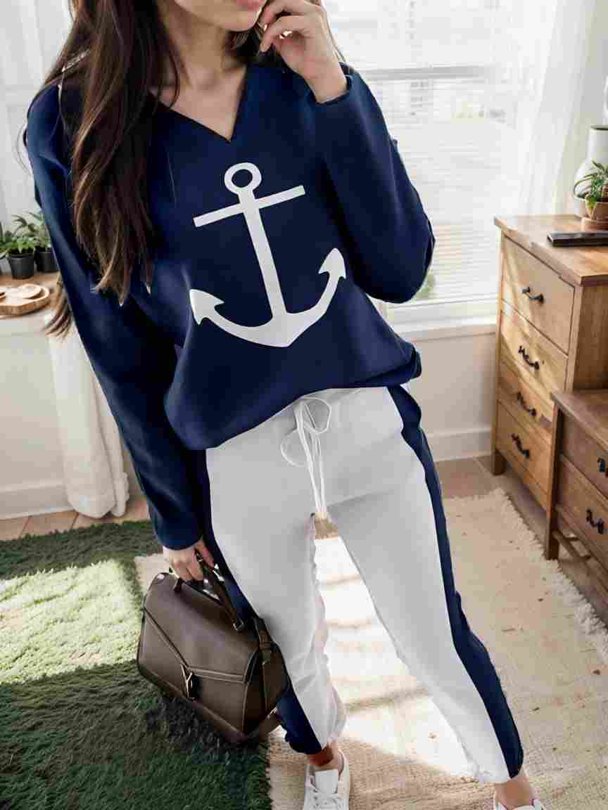 anchor print v neck long sleeve t shirt trousers two piece suit 110615