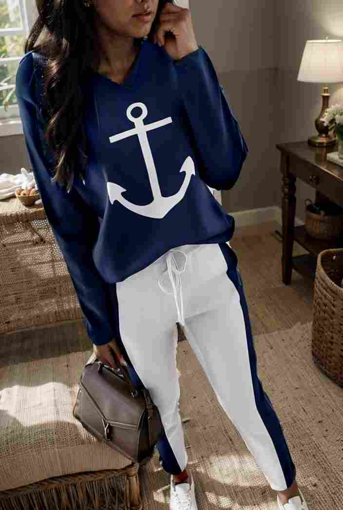 anchor print v neck long sleeve t shirt trousers two piece suit 139062