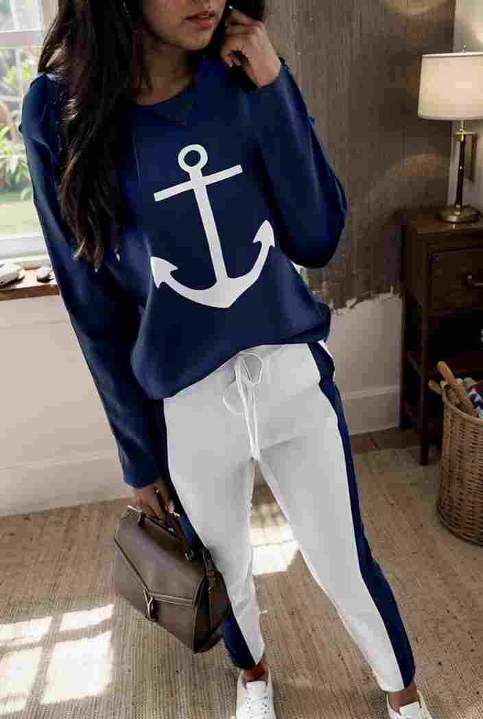 anchor print v neck long sleeve t shirt trousers two piece suit 101427