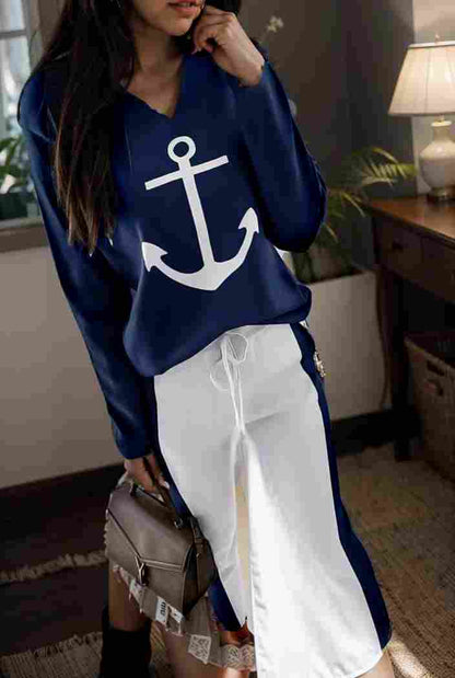 anchor print v neck long sleeve t shirt trousers two piece suit 132120