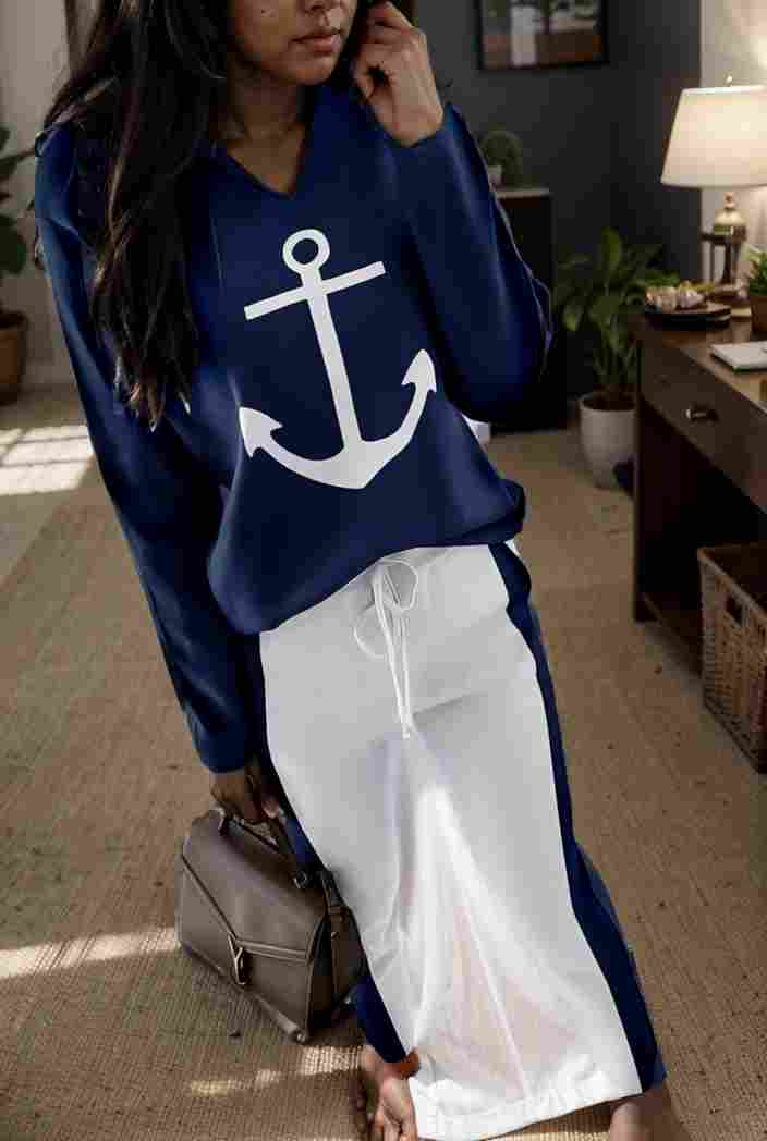 anchor print v neck long sleeve t shirt trousers two piece suit 126169