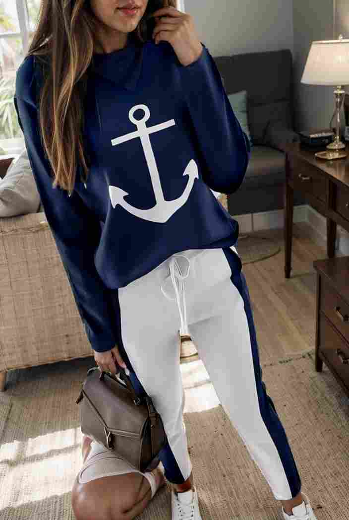 anchor print v neck long sleeve t shirt trousers two piece suit 129030