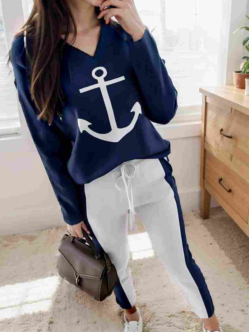 anchor print v neck long sleeve t shirt trousers two piece suit 108908