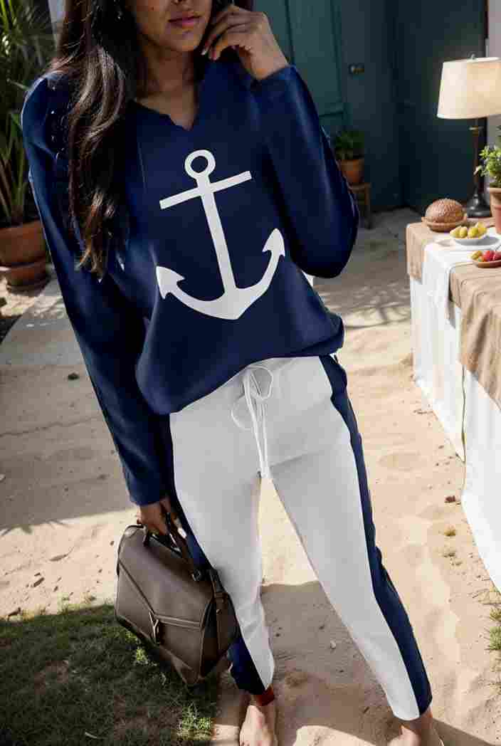 anchor print v neck long sleeve t shirt trousers two piece suit 119121