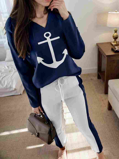 anchor print v neck long sleeve t shirt trousers two piece suit 134586