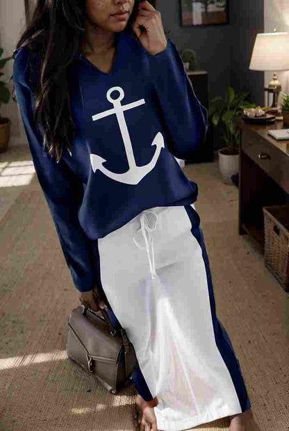 anchor print v neck long sleeve t shirt trousers two piece suit 115057