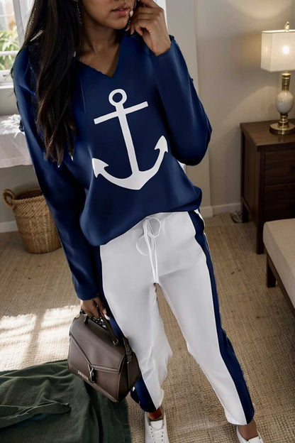 anchor print v neck long sleeve t shirt trousers two piece suit 147337