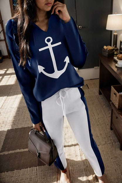 anchor print v neck long sleeve t shirt trousers two piece suit 103219