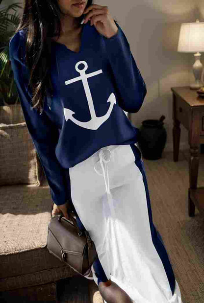 anchor print v neck long sleeve t shirt trousers two piece suit 133023