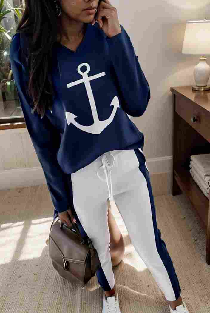 anchor print v neck long sleeve t shirt trousers two piece suit 138502