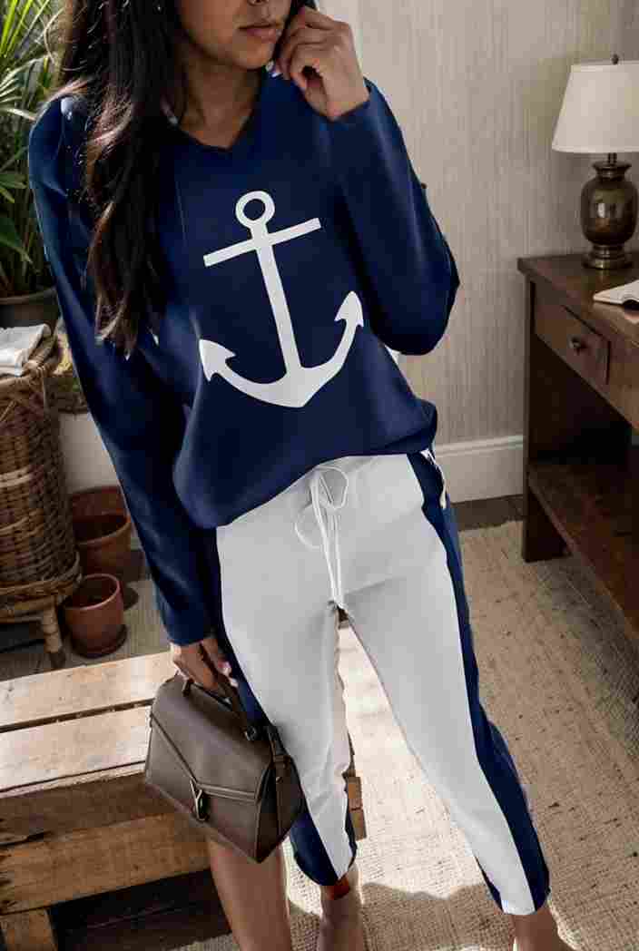 anchor print v neck long sleeve t shirt trousers two piece suit 124004