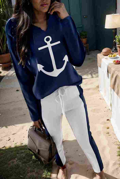 anchor print v neck long sleeve t shirt trousers two piece suit 148049