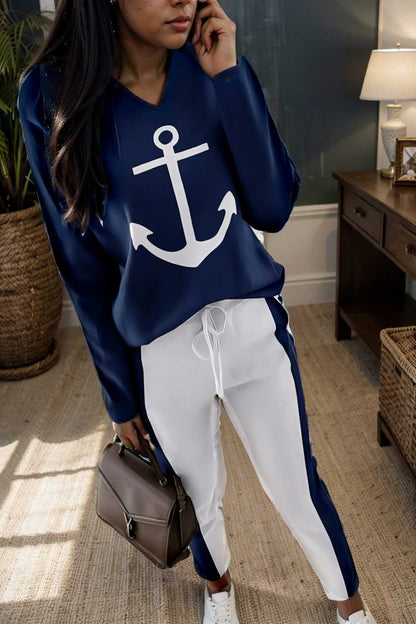 anchor print v neck long sleeve t shirt trousers two piece suit 141375