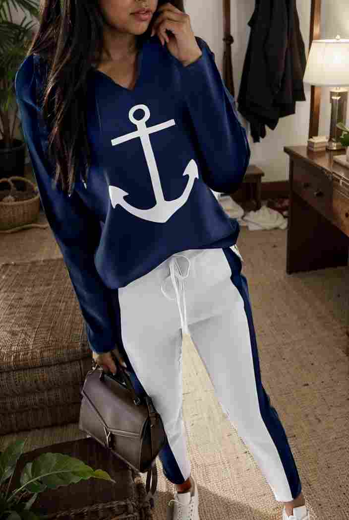 anchor print v neck long sleeve t shirt trousers two piece suit 140958