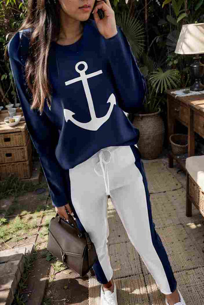 anchor print v neck long sleeve t shirt trousers two piece suit 112679