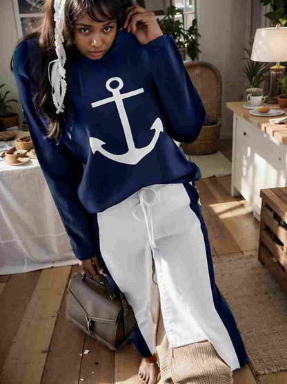 anchor print v neck long sleeve t shirt trousers two piece suit 132226