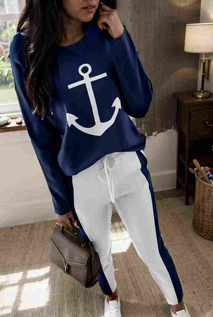 anchor print v neck long sleeve t shirt trousers two piece suit 145420