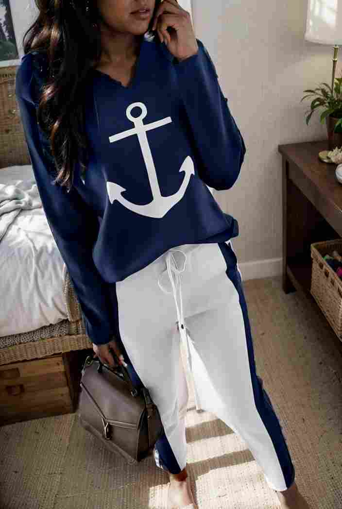 anchor print v neck long sleeve t shirt trousers two piece suit 117319