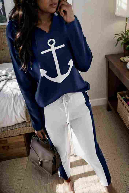 anchor print v neck long sleeve t shirt trousers two piece suit 111763