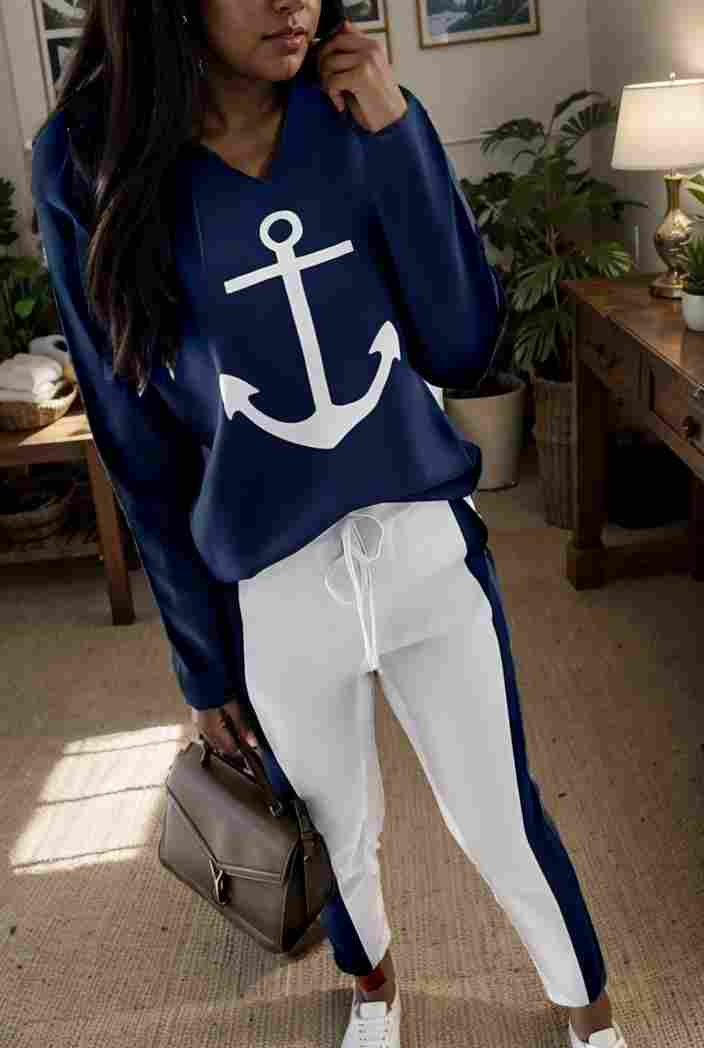 anchor print v neck long sleeve t shirt trousers two piece suit 128820