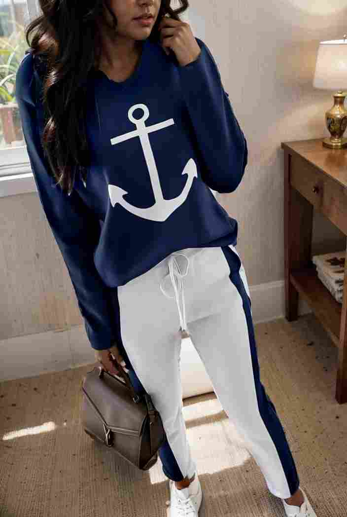 anchor print v neck long sleeve t shirt trousers two piece suit 114758