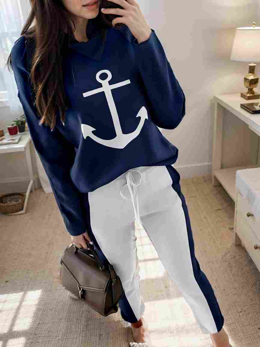 anchor print v neck long sleeve t shirt trousers two piece suit 102607