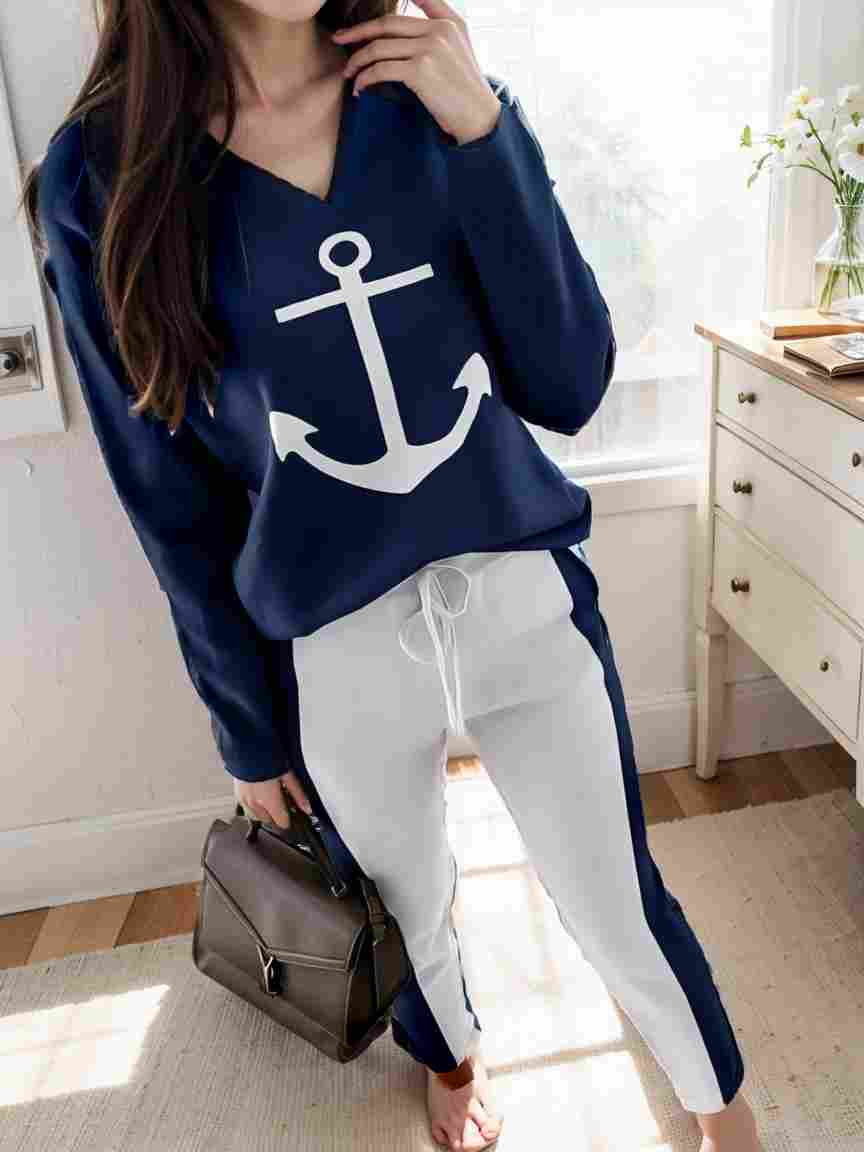 anchor print v neck long sleeve t shirt trousers two piece suit 100016