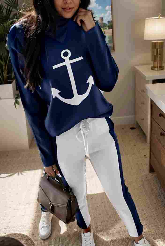 anchor print v neck long sleeve t shirt trousers two piece suit 103980