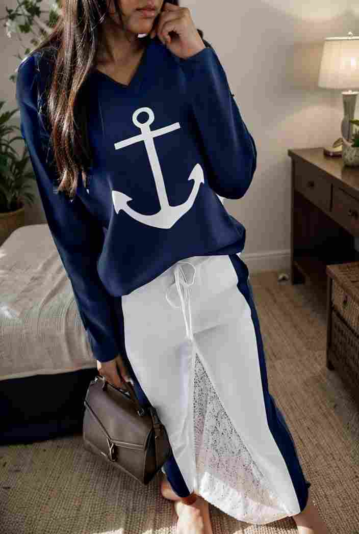 anchor print v neck long sleeve t shirt trousers two piece suit 127542