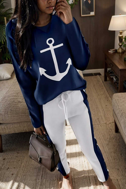 anchor print v neck long sleeve t shirt trousers two piece suit 138124