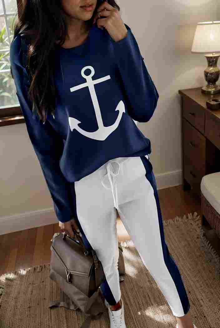 anchor print v neck long sleeve t shirt trousers two piece suit 114789