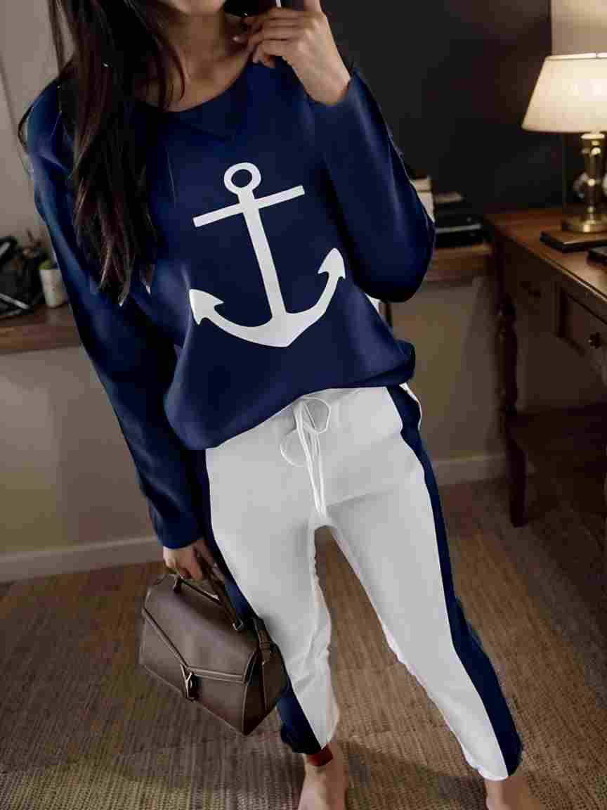 anchor print v neck long sleeve t shirt trousers two piece suit 135249