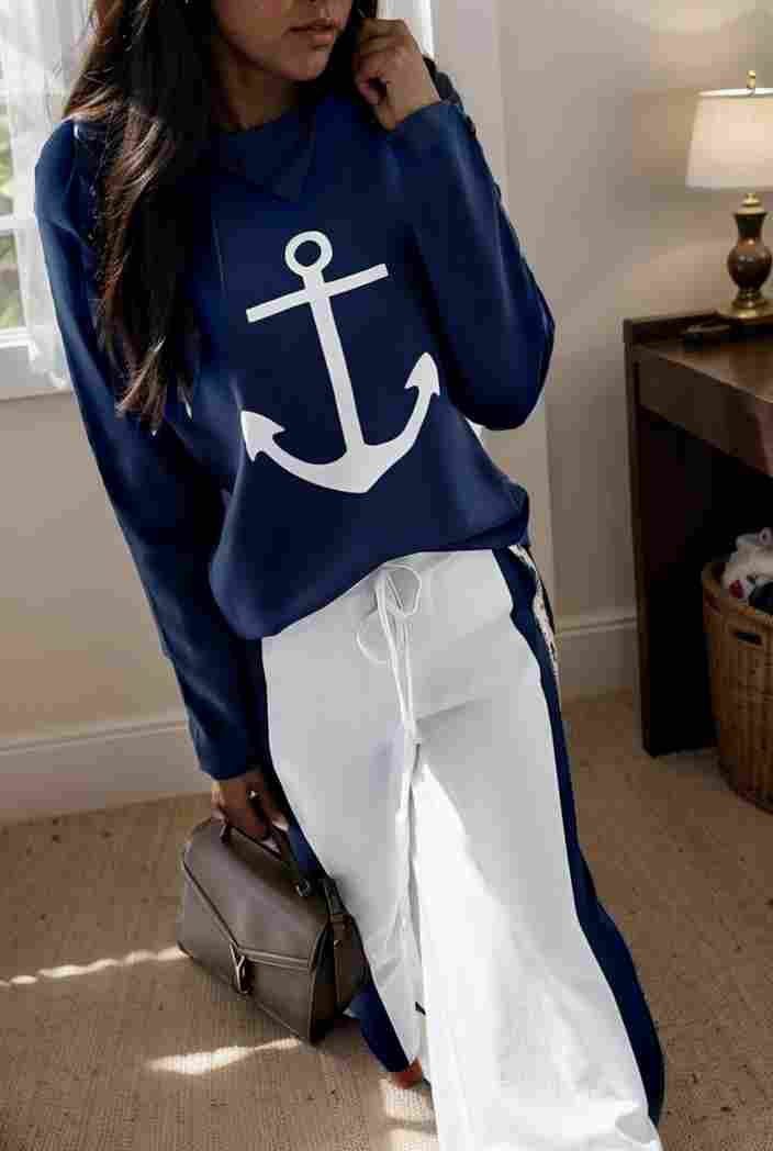 anchor print v neck long sleeve t shirt trousers two piece suit 137018