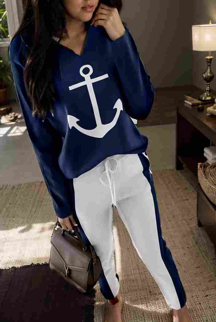 anchor print v neck long sleeve t shirt trousers two piece suit 118246