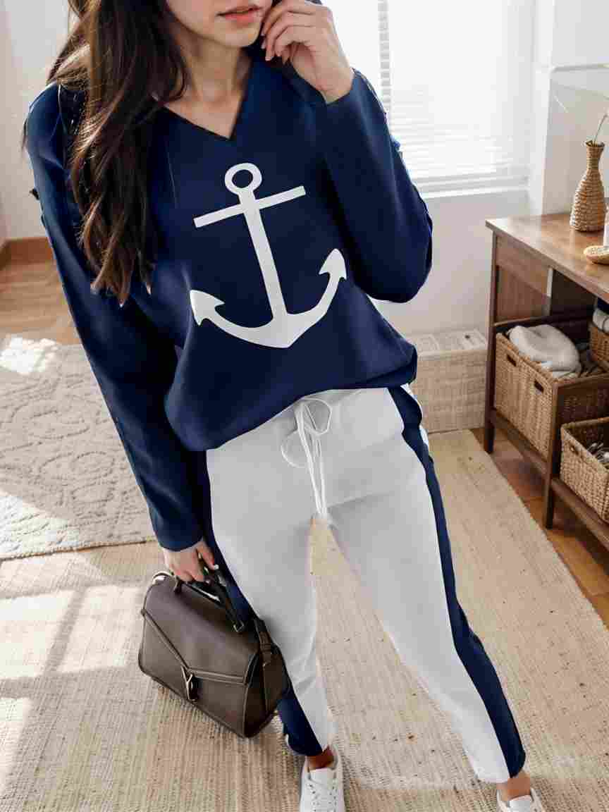 anchor print v neck long sleeve t shirt trousers two piece suit 142822