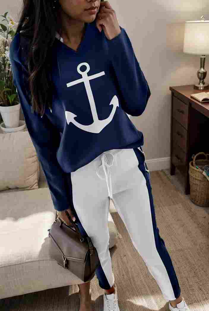 anchor print v neck long sleeve t shirt trousers two piece suit 112893