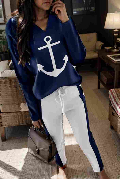 anchor print v neck long sleeve t shirt trousers two piece suit 110719