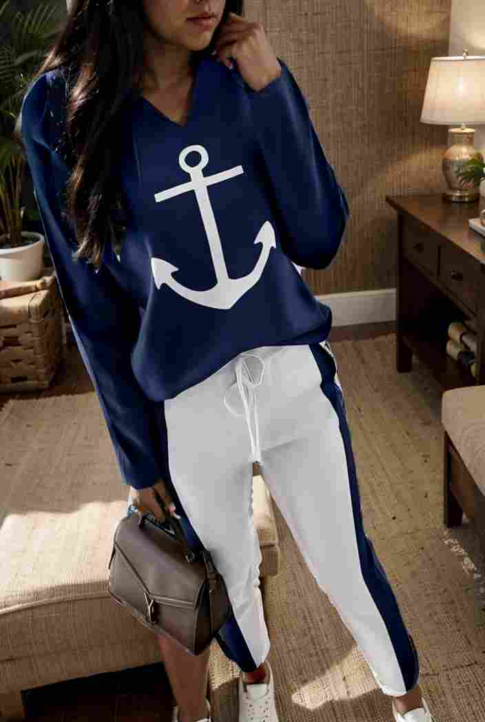 anchor print v neck long sleeve t shirt trousers two piece suit 102338