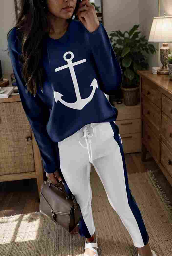 anchor print v neck long sleeve t shirt trousers two piece suit 145858