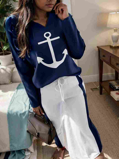 anchor print v neck long sleeve t shirt trousers two piece suit 139516