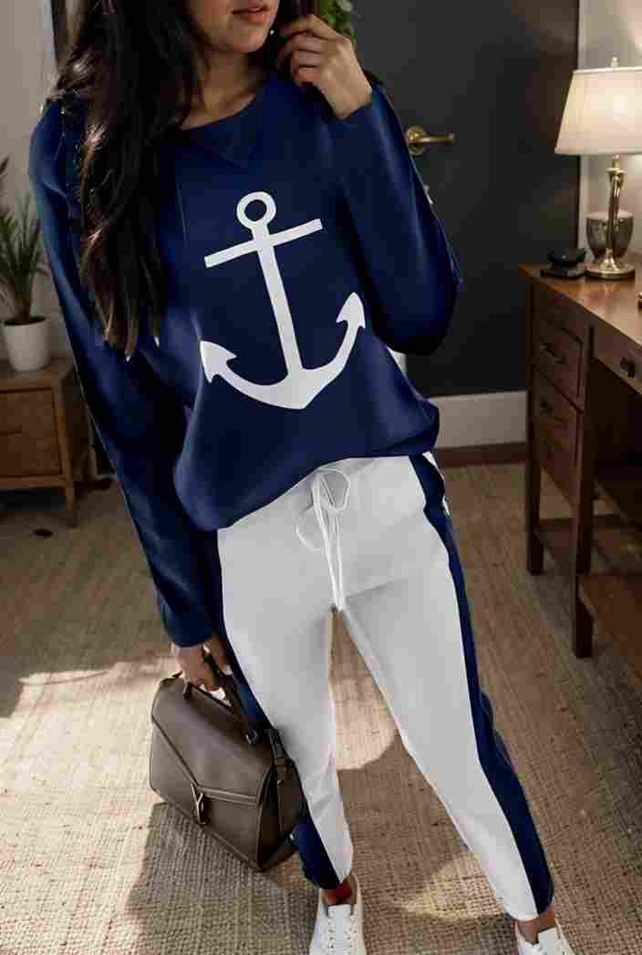 anchor print v neck long sleeve t shirt trousers two piece suit 138504