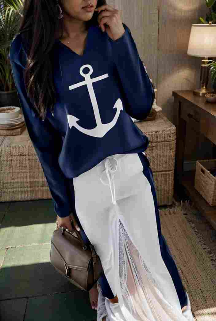 anchor print v neck long sleeve t shirt trousers two piece suit 122874